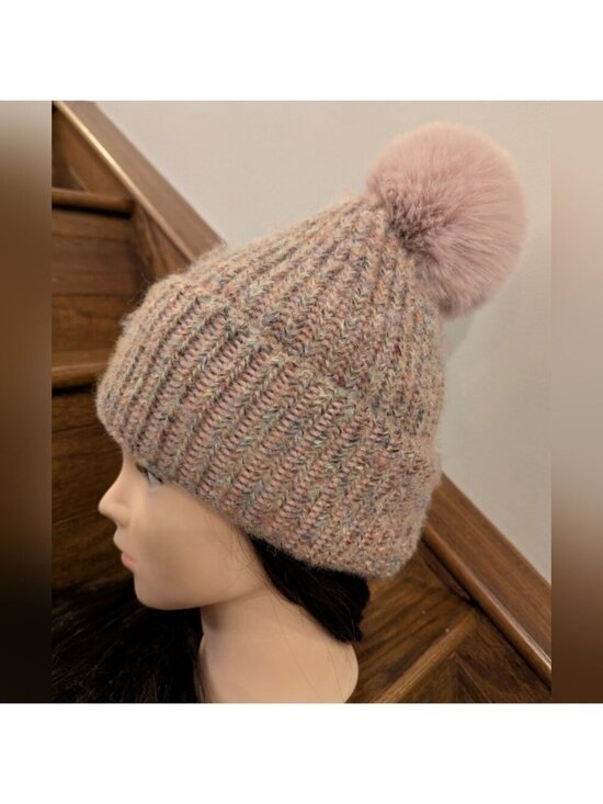 Norla Canada Pink multicoloured yarn cable knit beanie hat with faux fur pom pom main image 6